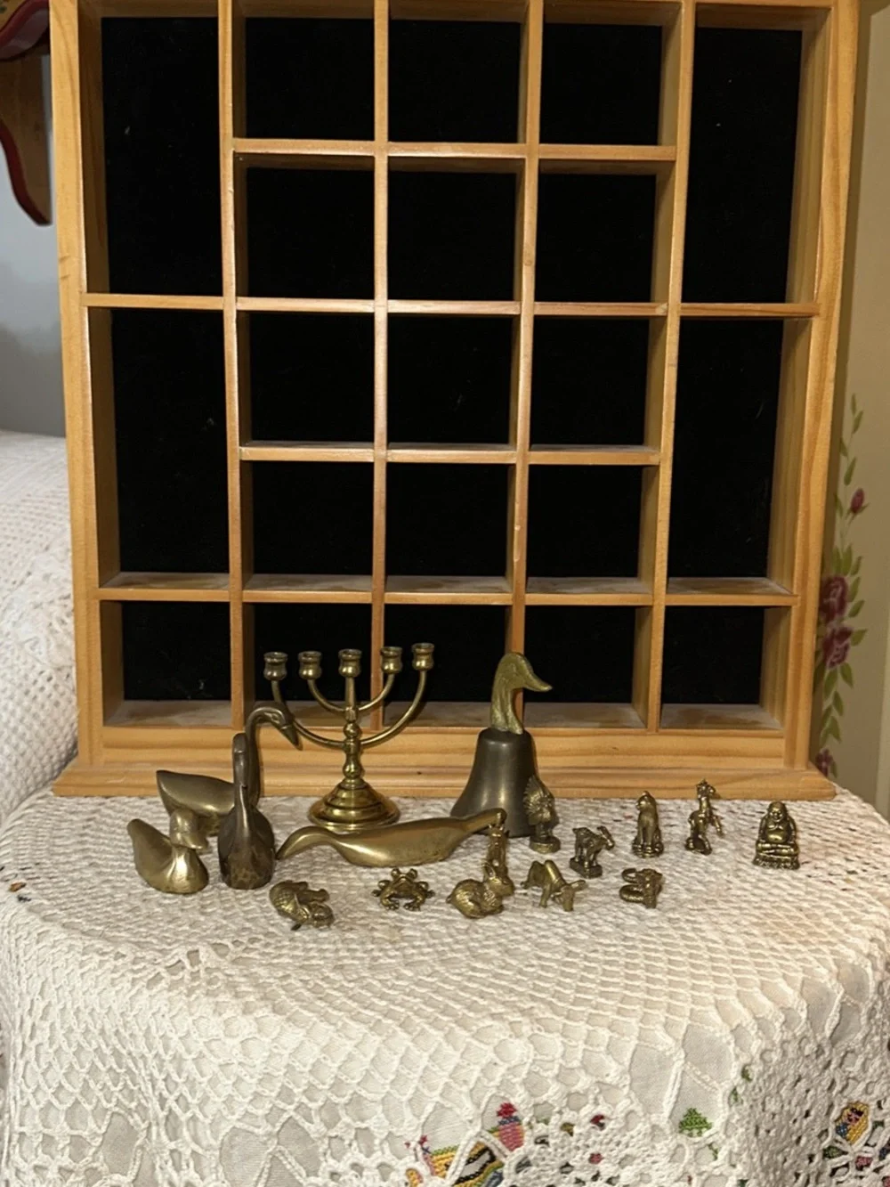 Wooden Grid Display Shelf Wall Decor in Natural Pine &brass figurines